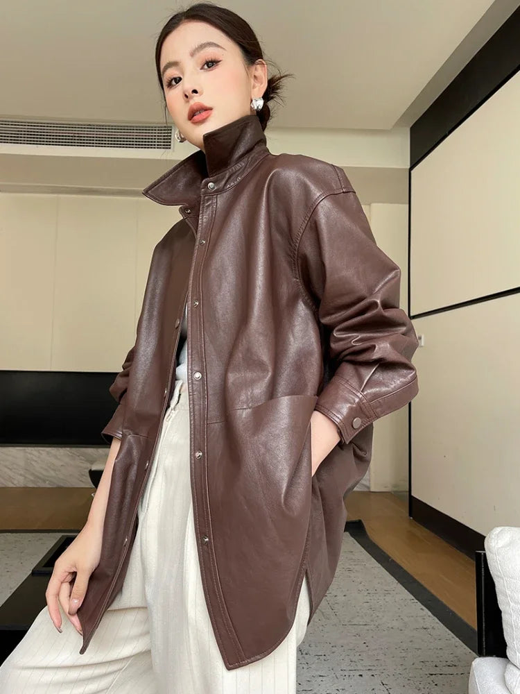 Wine brown leather shirt jacket, pointed collar, button front, long sleeves, side drape