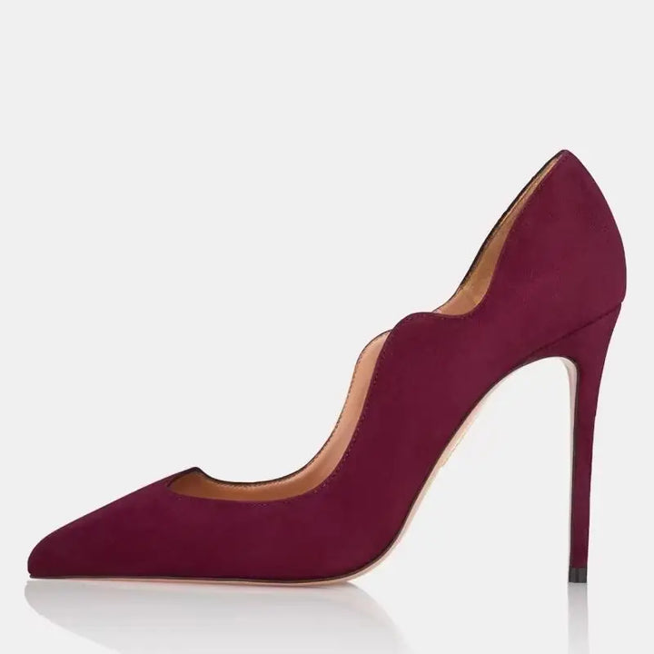 Burgundy leather high-heel pumps with pointed toe and stiletto heel