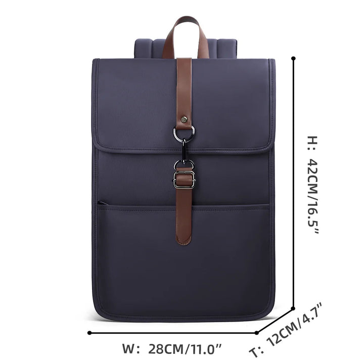 Blue waterproof backpack, front view with flap and center buckle strap