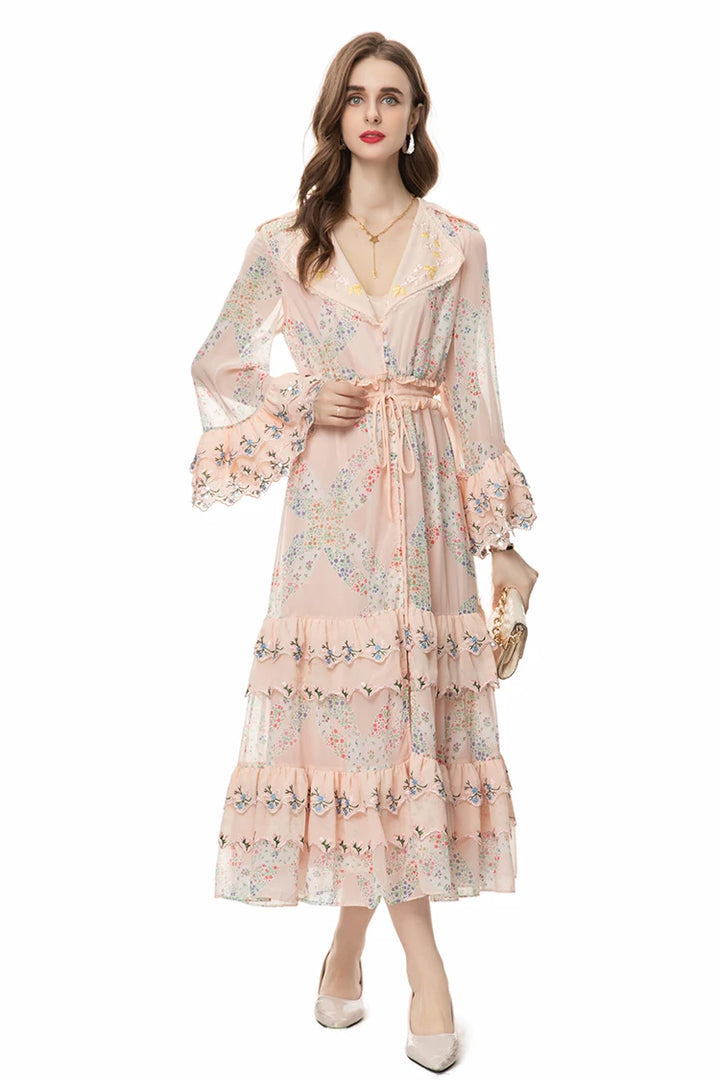 Cascading Ruffle Embroidery Dress