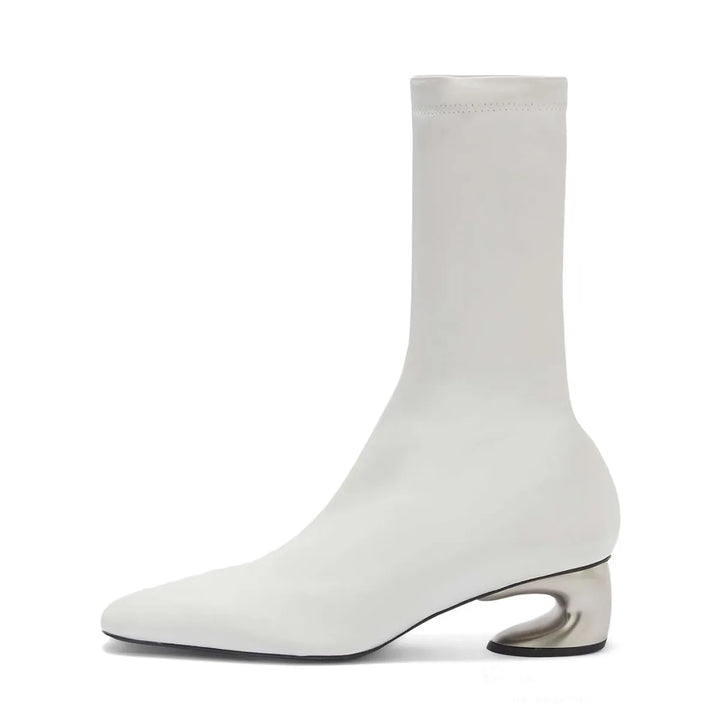 White square-toe ankle boots with mid block heel and smooth sock-style shaft