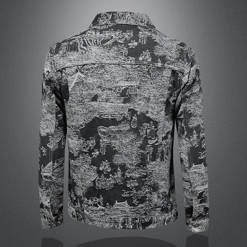 Men's washed denim jacket, charcoal with white allover print, back view with button detail