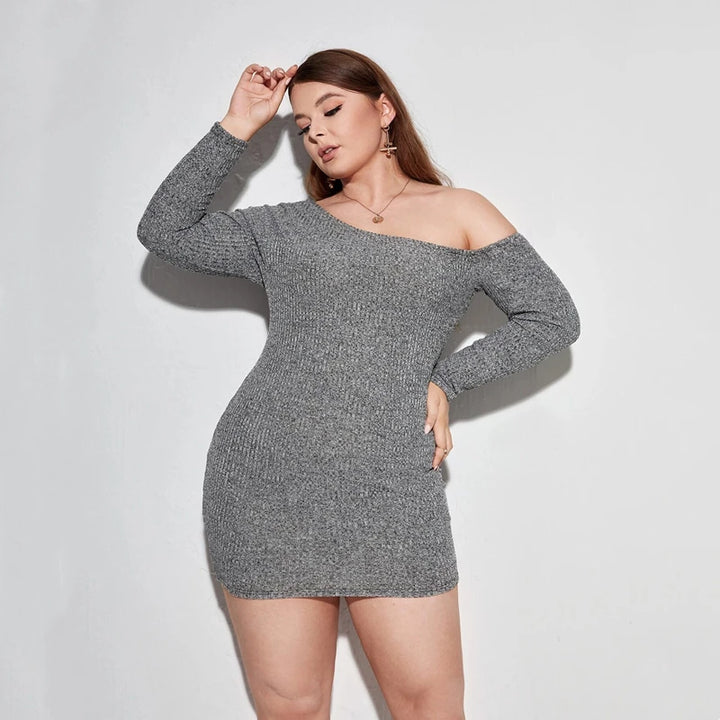 Sweet Oblique Neck Plus Size Casual Dress