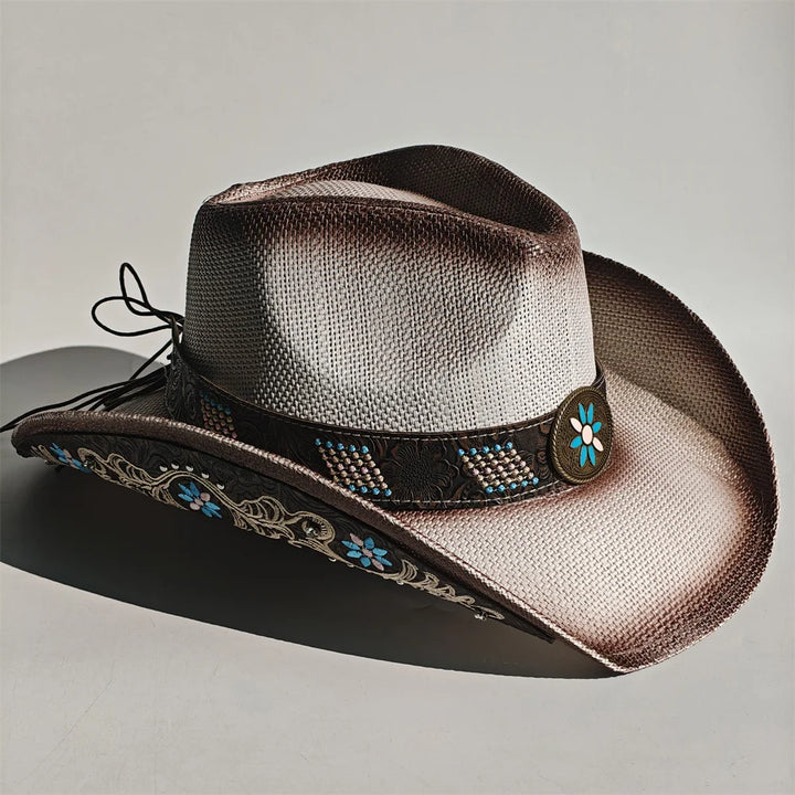Embroidered straw cowboy sun hat, cream with dark band, turquoise floral trim, decorative patch
