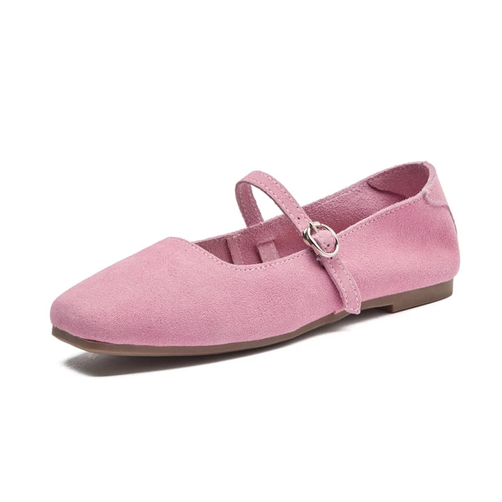 Pink suede flat shoes with adjustable instep strap and metal buckle