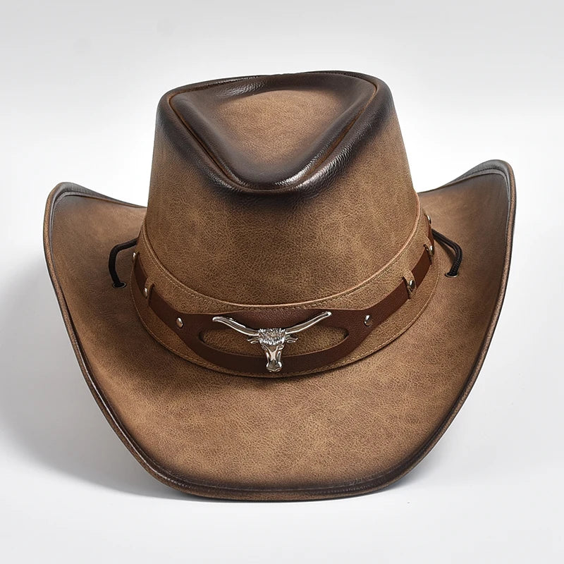 Tan leather wide-brim cowboy hat with dark strap and silver bull head badge