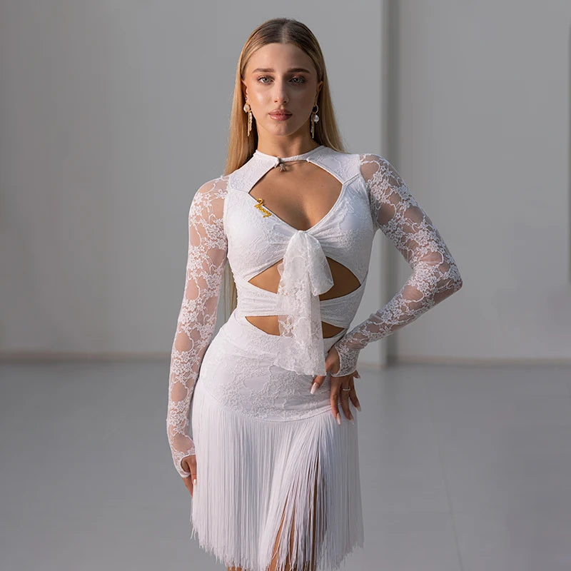 White lace dance skirt with layered fringe hem and tassel detailing