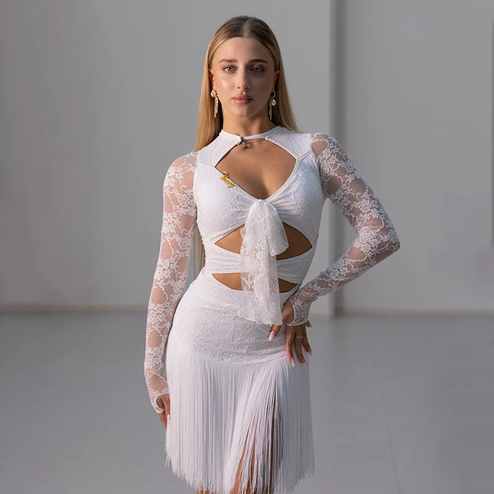 White lace dance skirt with layered fringe hem and tassel detailing
