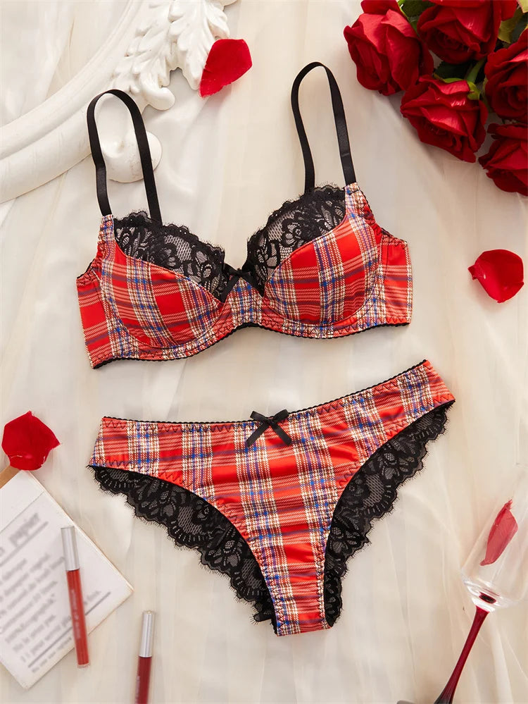 Classic Lace Trim Red Plaid Lingerie