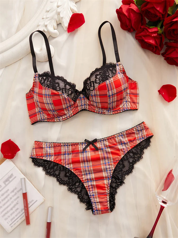 Classic Lace Trim Red Plaid Lingerie