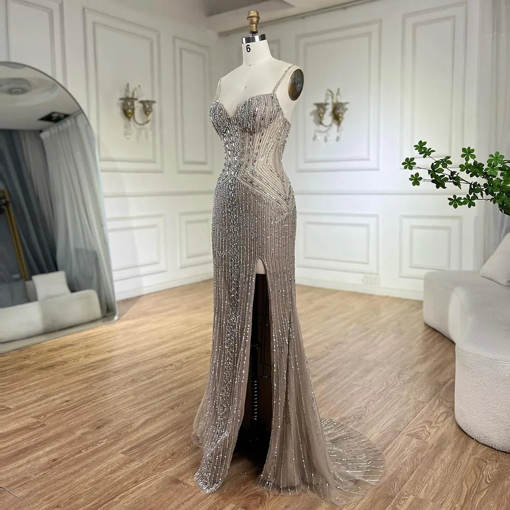 High Split Spaghetti Strap Arabic Evening Gown