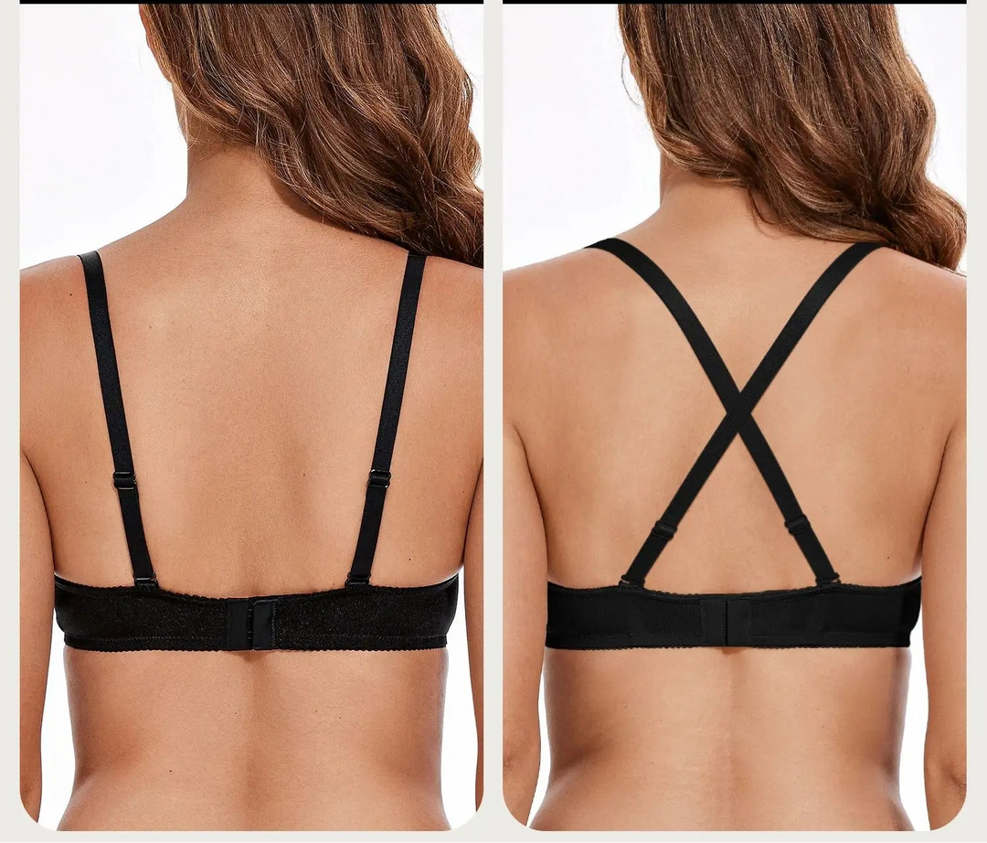 Back view of black unpadded lace mesh bra with cross straps and band closure.
