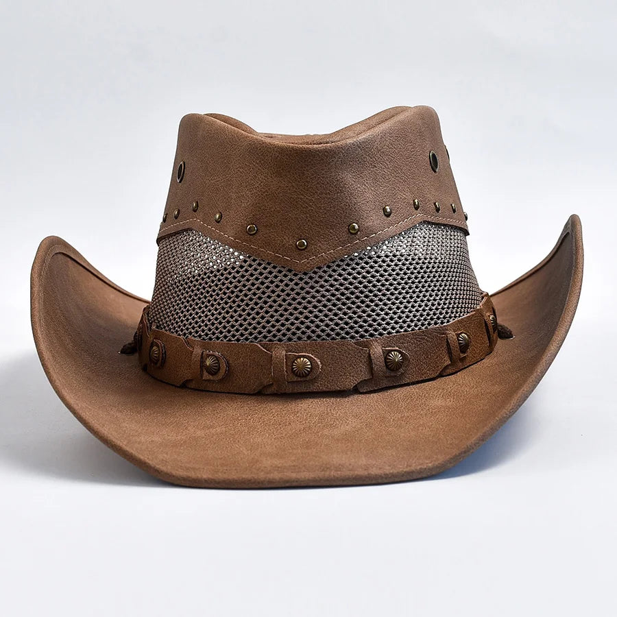 Men's brown cowboy hat with wide brim, perforated mesh crown band, and leather studs
