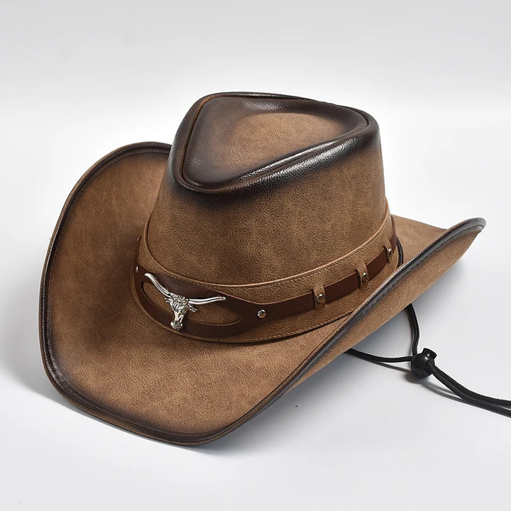 Khaki tan leather wide-brim cowboy hat with dark band and silver bull emblem