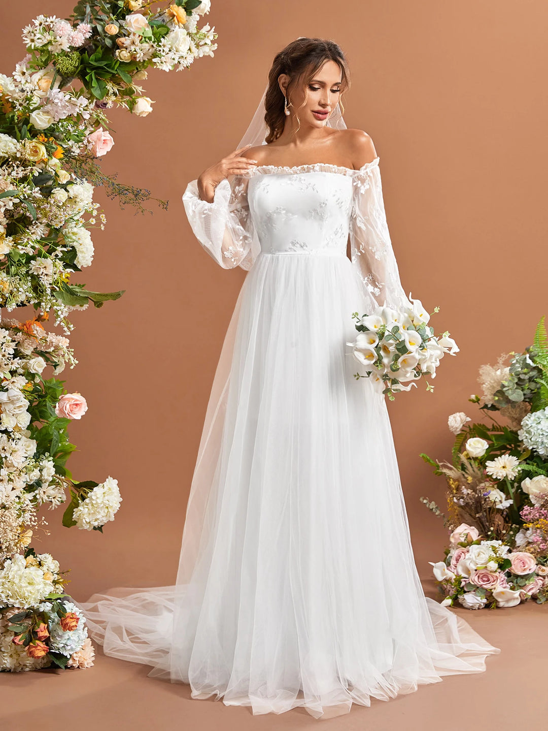 mesh sleeves wedding dress Mermaid White/Ivory Long Sleeve Wedding Dress Lace Satin Sheer/Mesh Bridal Gown