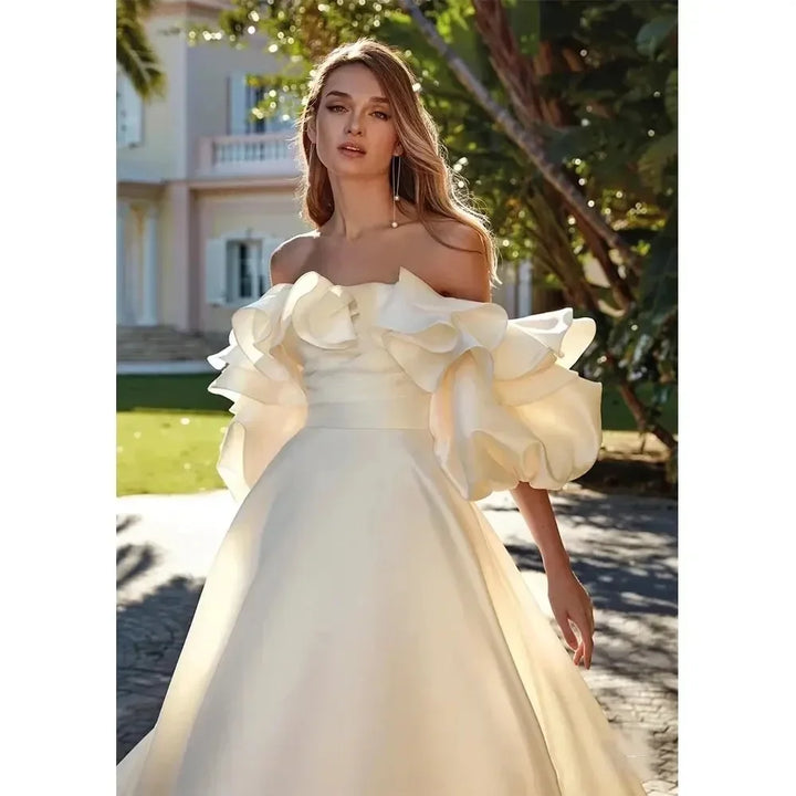 Romantic Satin Cap Sleeves Bridal Ball Gown