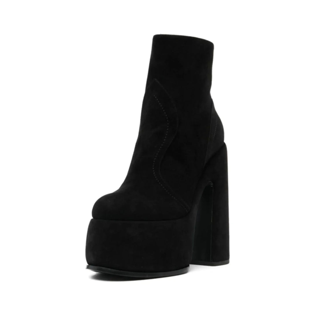 Black faux suede ankle boots with chunky platform sole and tall block heel