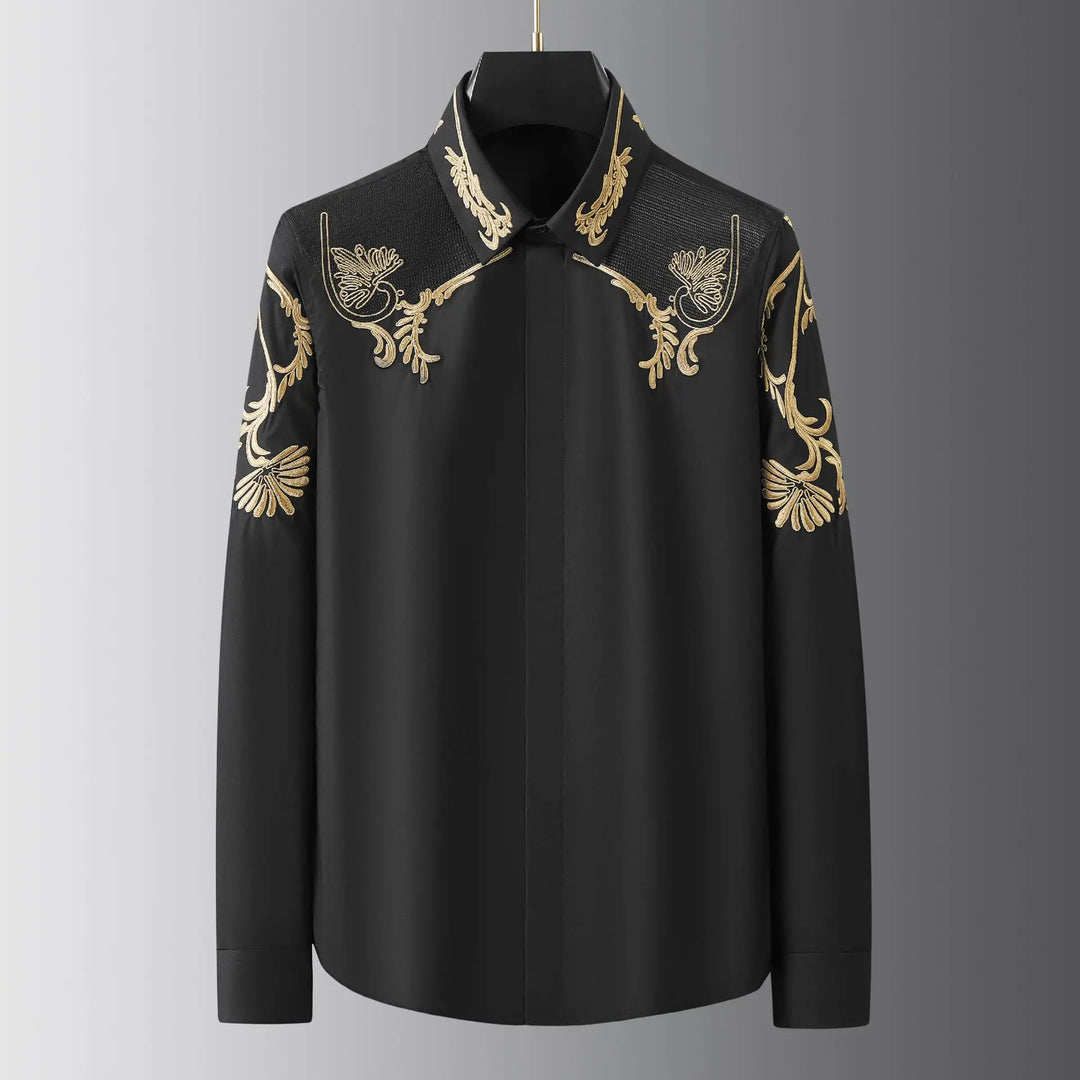 Men’s black dress shirt front view with gold embroidered scrolls across the shoulders