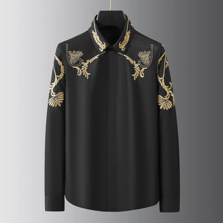 Men’s black dress shirt front view with gold embroidered scrolls across the shoulders