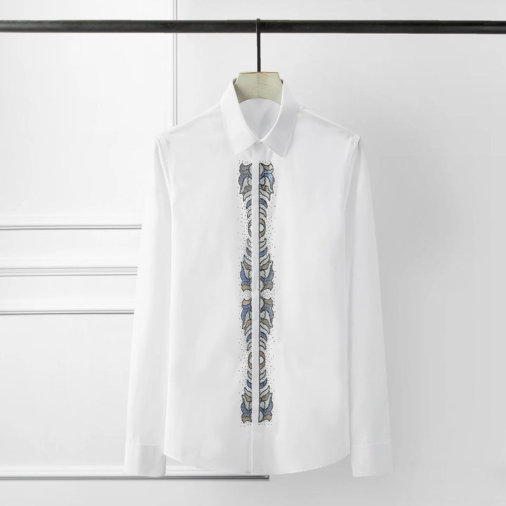 White slim-fit dress shirt with rhinestone-embellished center front placket