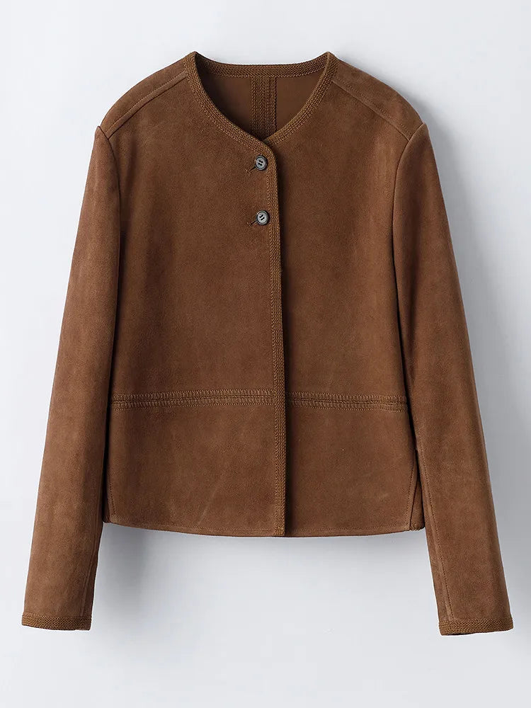 Chocolate brown suede leather jacket with button front and visible topstitching