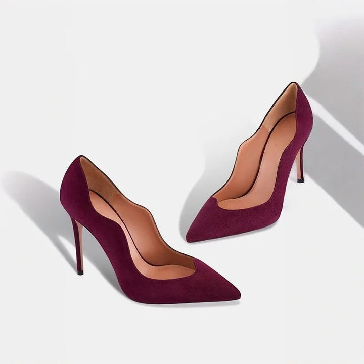 Pointed-toe high heel pumps in burgundy suede, stiletto heel, pair view