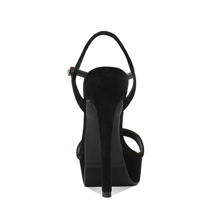 Black suede platform heeled sandals with ankle strap and open toe