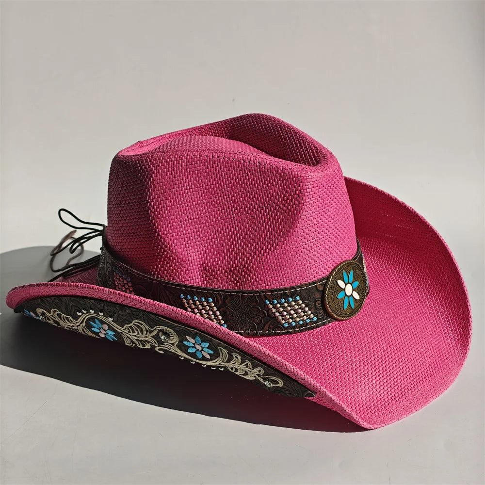 Embroidered straw cowboy sun hat, hot pink with dark band, turquoise accents, and round patch