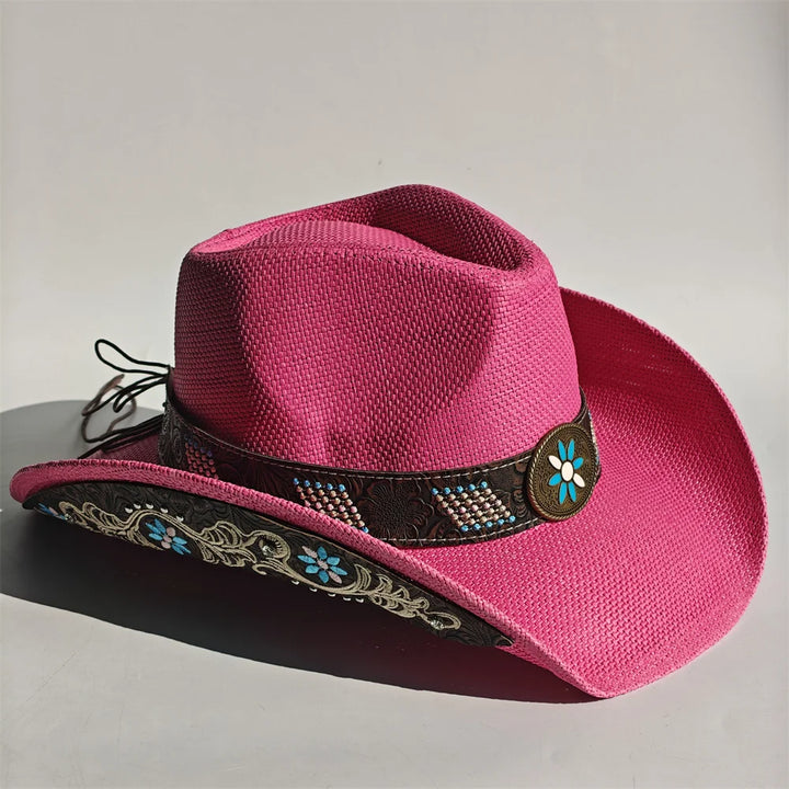 Embroidered straw cowboy sun hat, hot pink with dark band, turquoise accents, and round patch