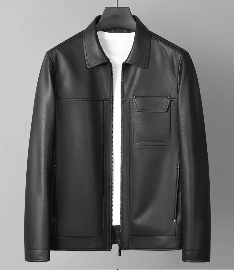 Gentleman Lapel Collar Real Leather Jacket