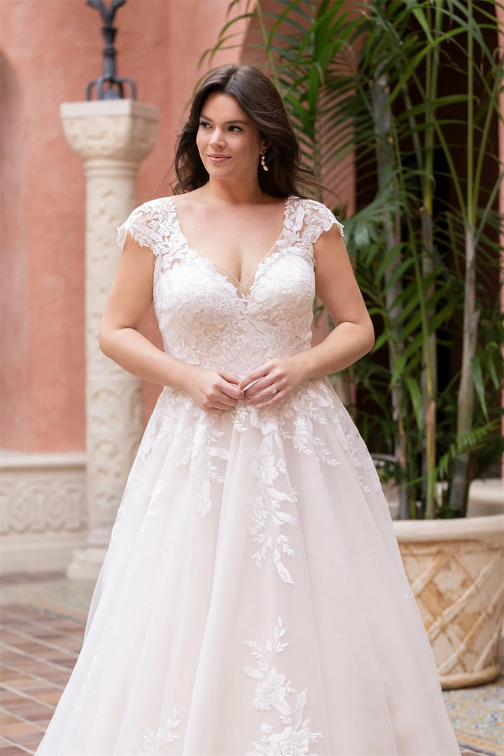 Refined V Neck Embroidered Wedding Dress