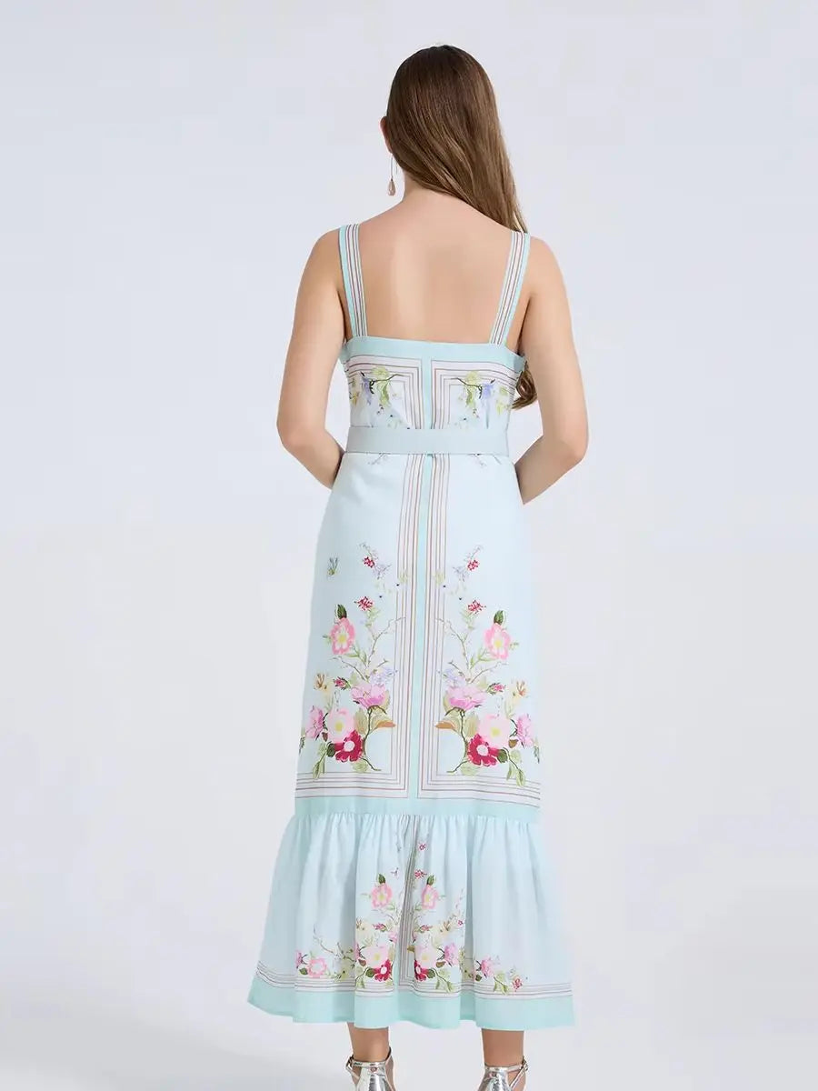 Mint blue floral bodycon long dress, back view, spaghetti straps, tiered hem