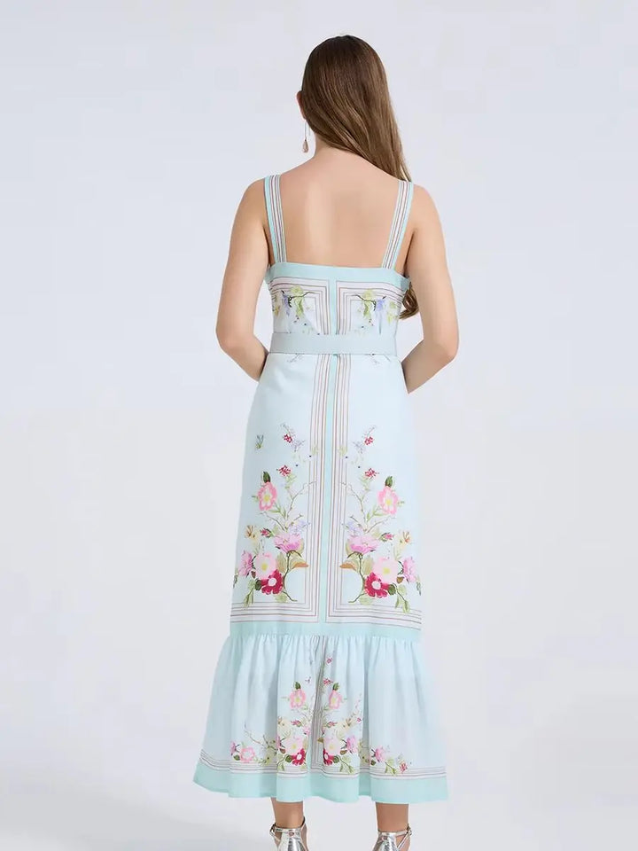 Mint blue floral bodycon long dress, back view, spaghetti straps, tiered hem
