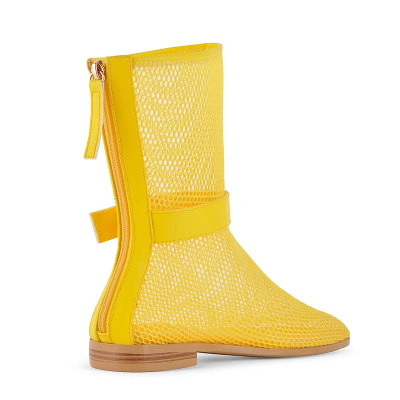 Yellow mesh mid-ankle boots with buckle strap and side zip, low block heel