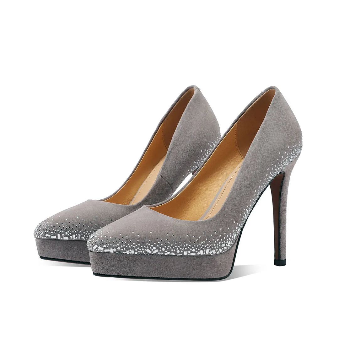 Grey suede crystal-embellished platform heel pumps with pointed toe and stiletto heel