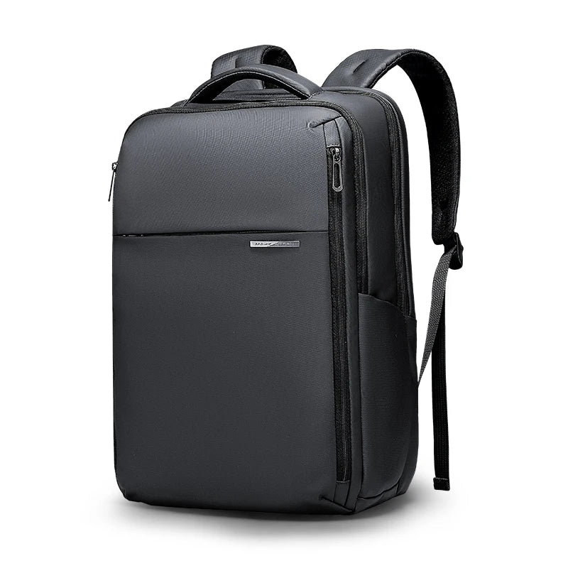 Black oxford laptop backpack front view with adjustable shoulder strap and side zipper panel