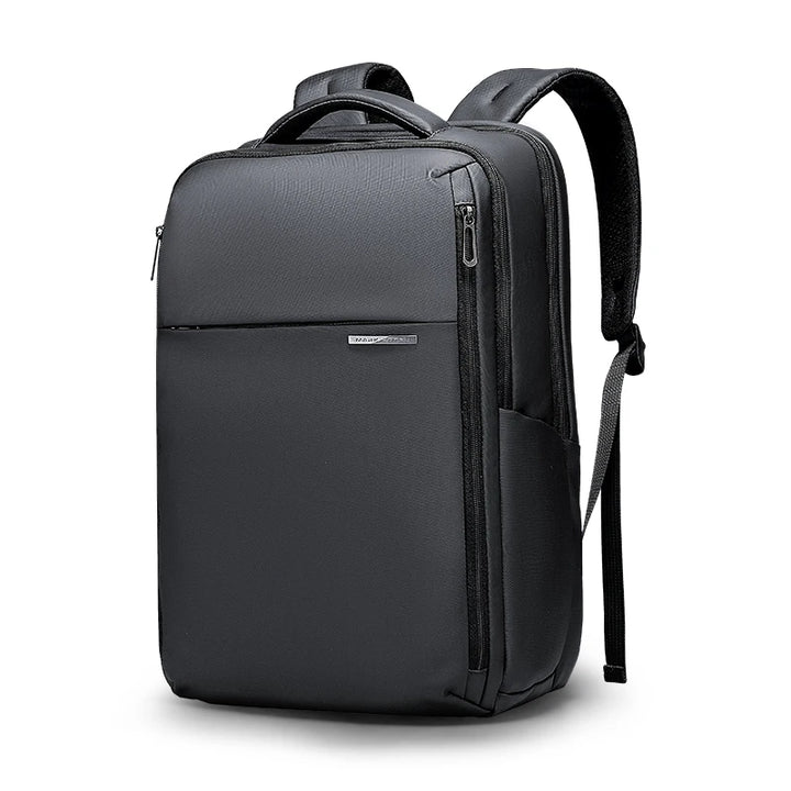 Black oxford laptop backpack front view with adjustable shoulder strap and side zipper panel
