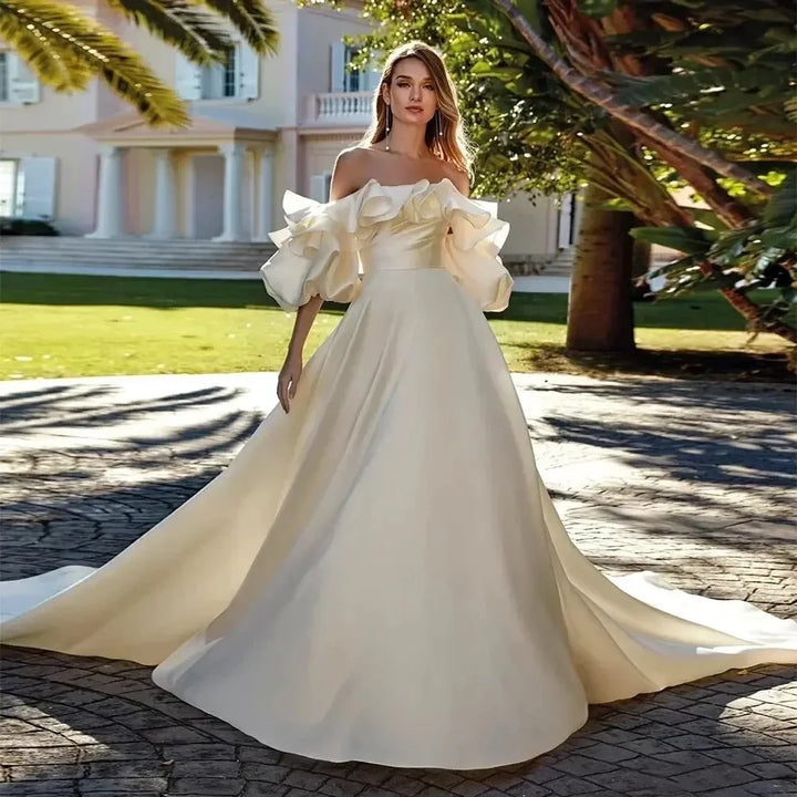 Romantic Satin Cap Sleeves Bridal Ball Gown