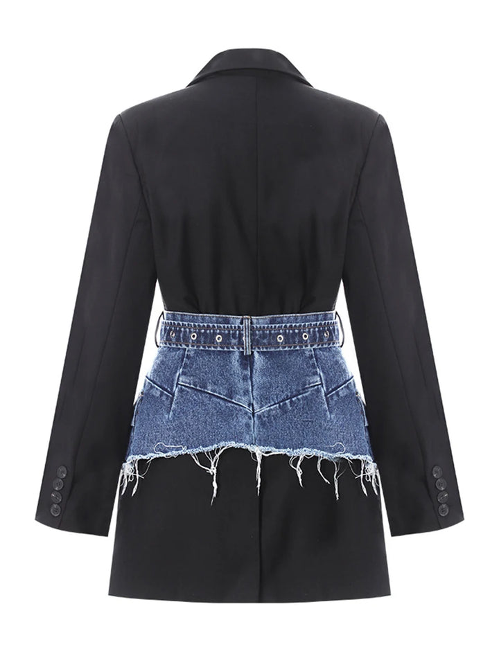 Back view of black slim denim jacket with blue denim yoke panel and button details