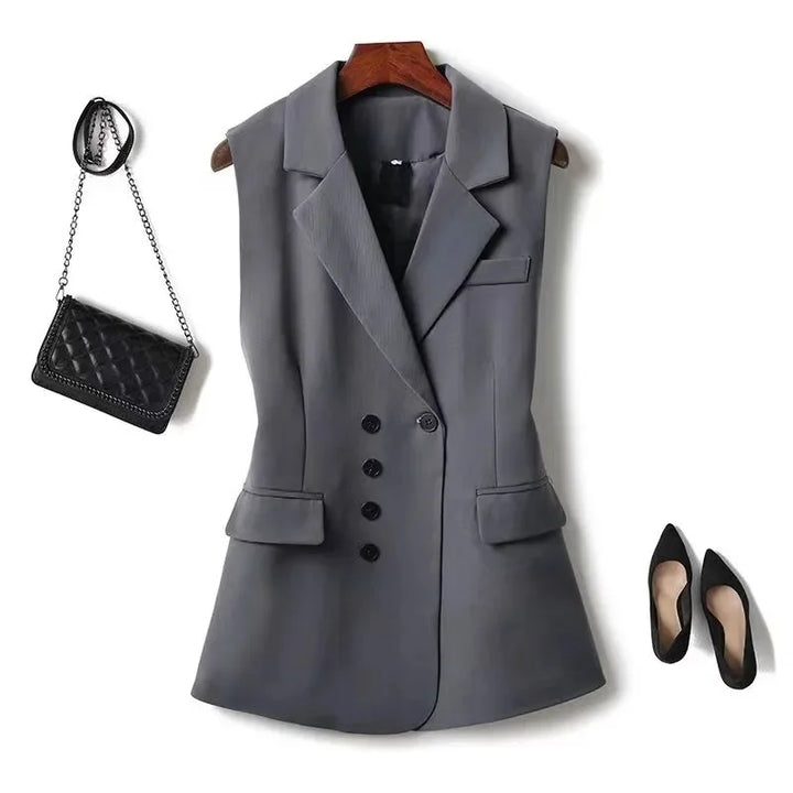 Gray women’s sleeveless blazer waistcoat with lapels and double-breasted button front