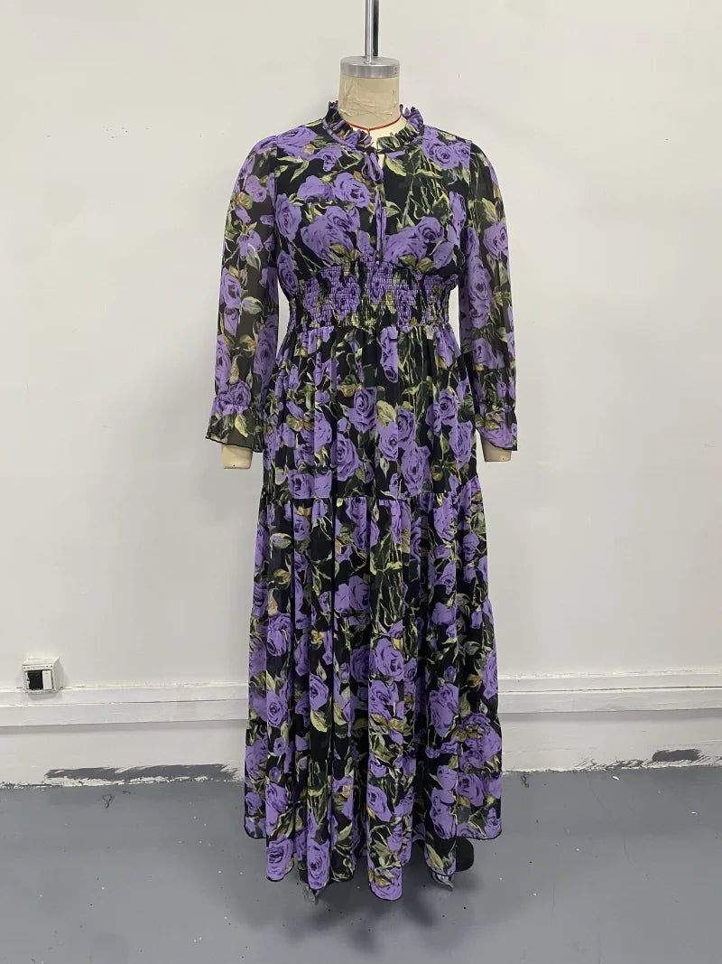 Vintage Print Plus Size Chiffon Maxi Dress