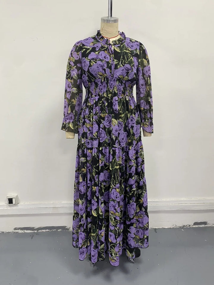 Vintage Print Plus Size Chiffon Maxi Dress