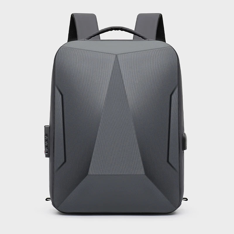Hard shell expandable bag backpack, front view with top handle and molded panels