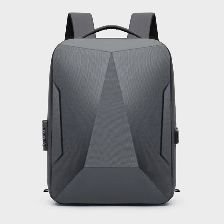 Hard shell expandable bag backpack, front view with top handle and molded panels