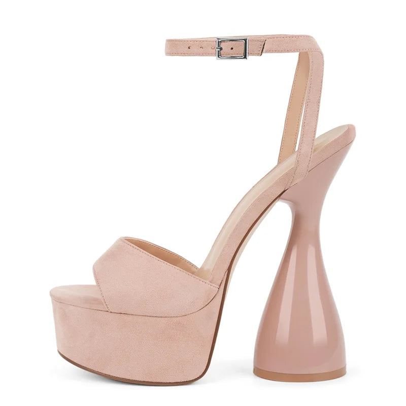 Open-toe spike-heel sandals in blush/pink with platform sole and ankle strap