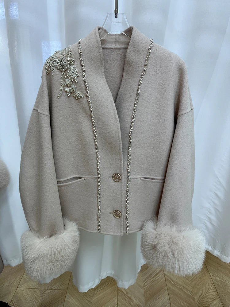 Real Natural Warm Wool Fur Cuff Coat