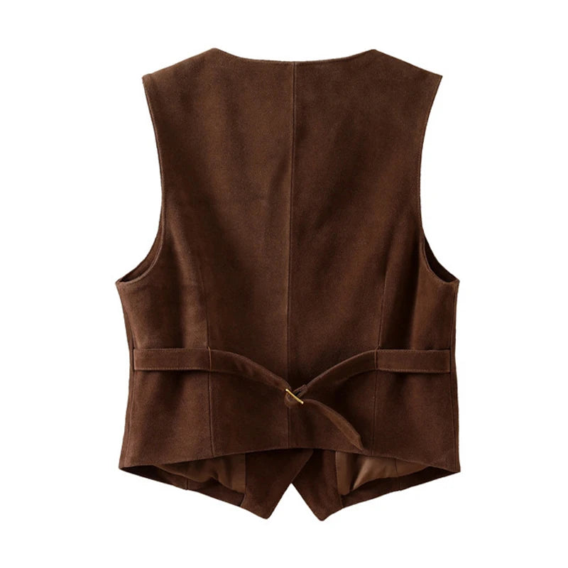 Brown suede leather sleeveless short vest with front tie detail and center seam