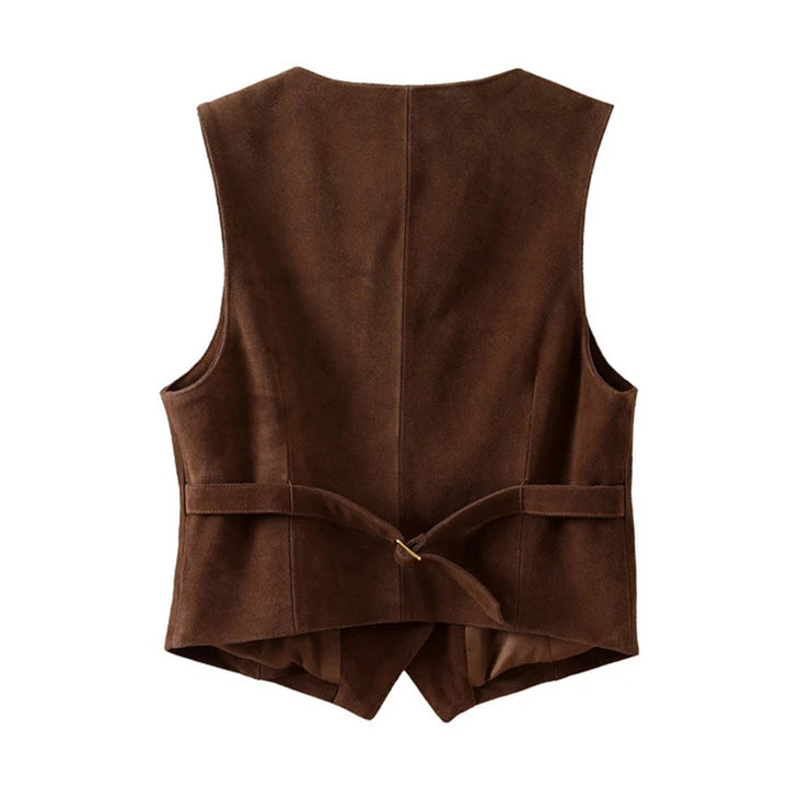 Brown suede leather sleeveless short vest with front tie detail and center seam