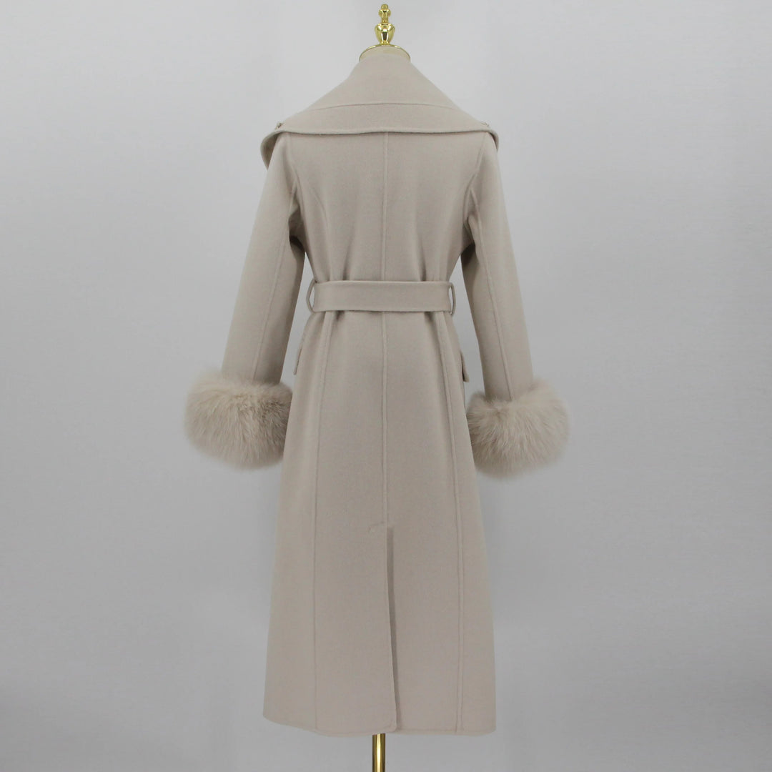 Stylish Cuffs Fur Cashmere Long Coat