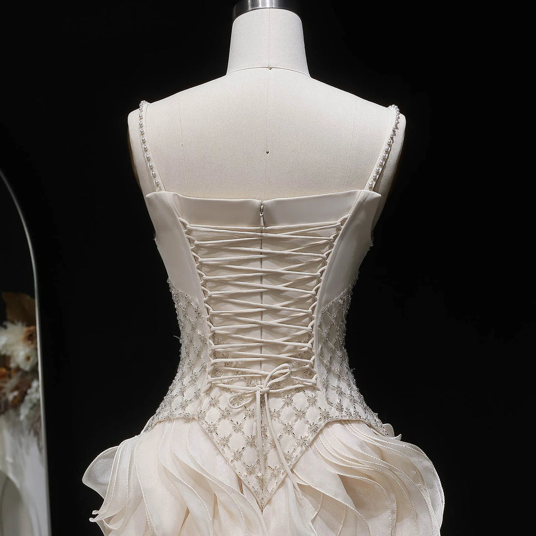 Luxury Ruffled Beaded Pearl Evening Dress